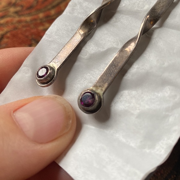 Garnet studded earrings Artisan made in Warren Vermont silver new 2 inches long - Picture 2 of 4